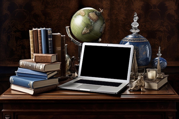 Bureau ou table d'étude vintage avec un support de globe de livres pour ordinateur portable intelligent dans une salle brune IA générative