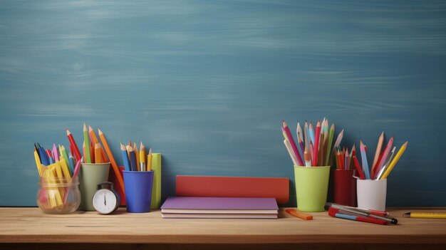 Un bureau avec un tableau bleu et une tasse de crayons