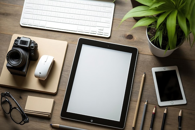 Un bureau avec une tablette et du matériel de bureau standard