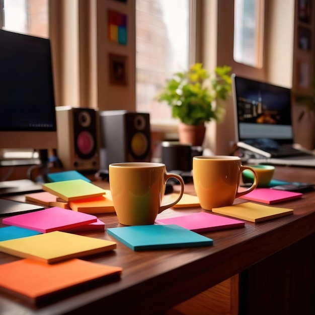 Bureau de travail de bureau avec du café et des notes postit occupé et accablé dépendant de la caféine