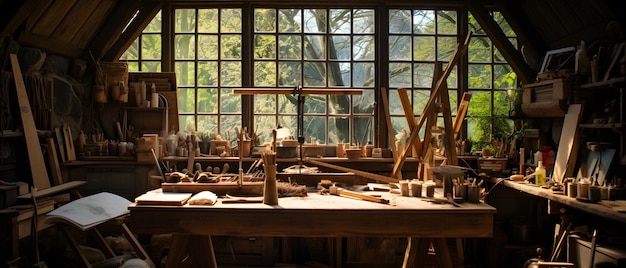 bureau de travail du bois une chambre rustique près de la fenêtre