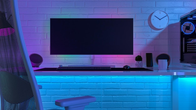 Bureau de travail entouré de lumières LED colorées rendu 3D