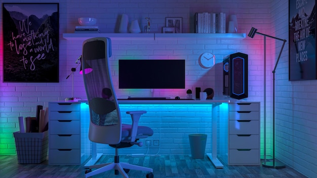 Bureau de travail entouré de lumières LED colorées rendu 3D