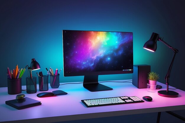 Bureau de travail entouré de lumières LED colorées