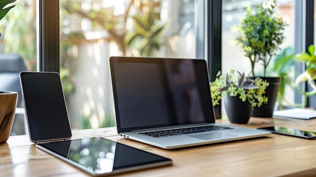 Bureau de travail avec modèle d'ordinateur portable ouvert, tablette et smartphone sur le bureau en bois