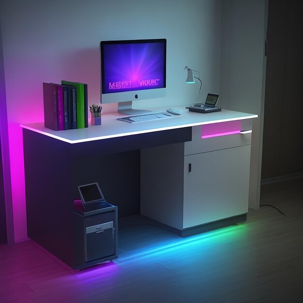 Bureau de travail moderne avec lumière LED colorée générée par l'IA