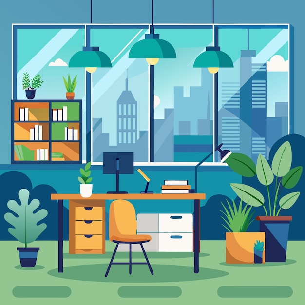 Un bureau urbain moderne avec des plantes vertes et un décor vibrant