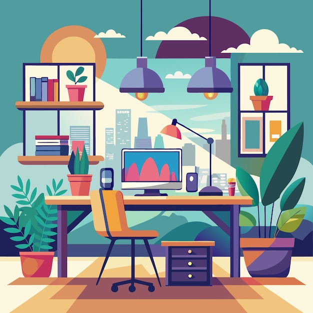 Un bureau urbain moderne avec des plantes vertes et un décor vibrant