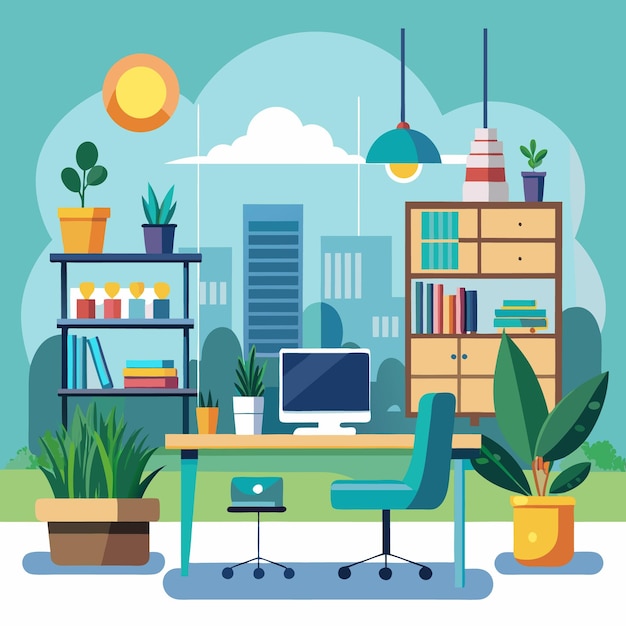 Un bureau urbain moderne avec des plantes vertes et un décor vibrant