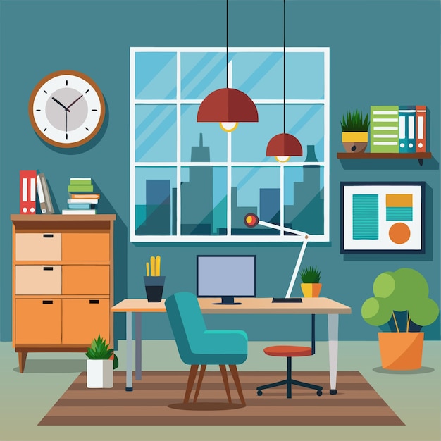 Un bureau urbain moderne avec des plantes vertes et un décor vibrant