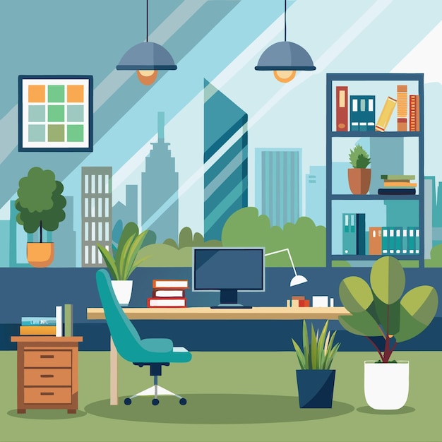 Un bureau urbain moderne avec des plantes vertes et un décor vibrant