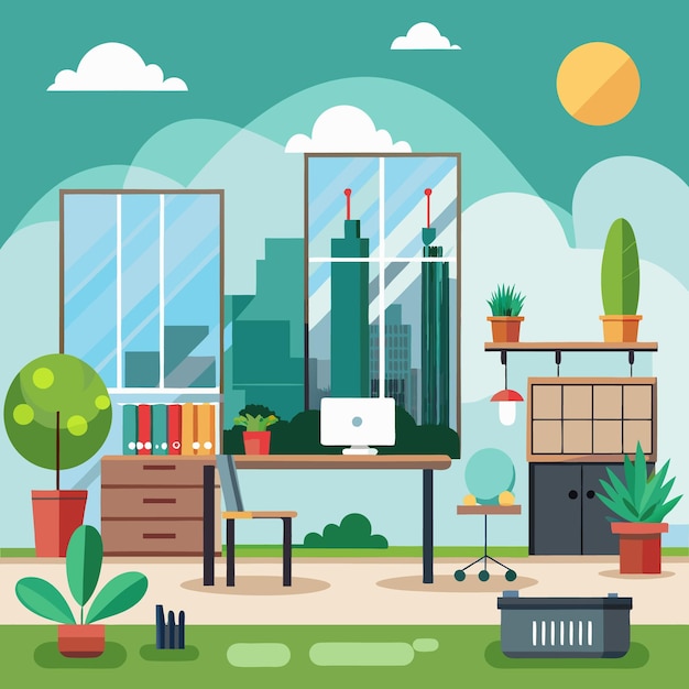 Un bureau urbain moderne avec des plantes vertes et un décor vibrant