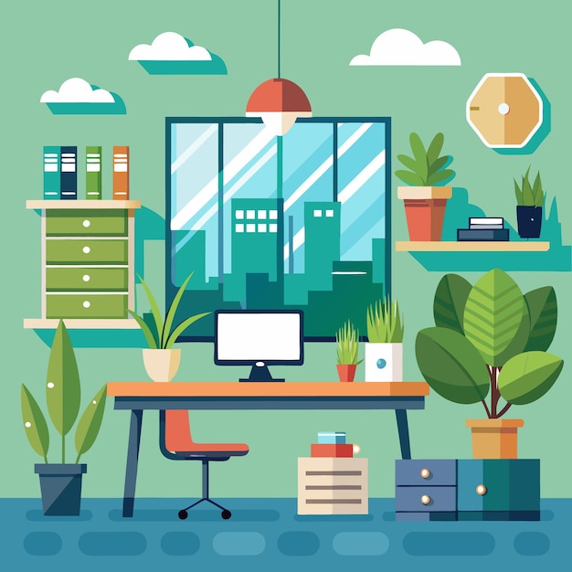 Un bureau urbain moderne avec des plantes vertes et un décor vibrant