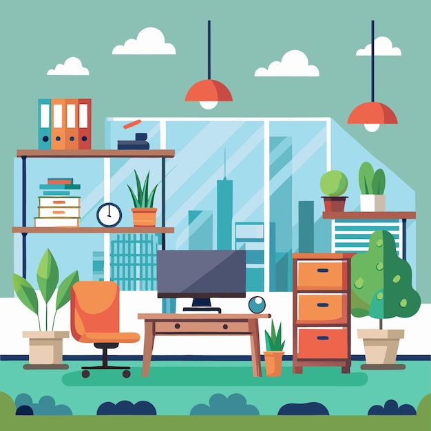 Un bureau urbain moderne avec des plantes vertes et un décor vibrant