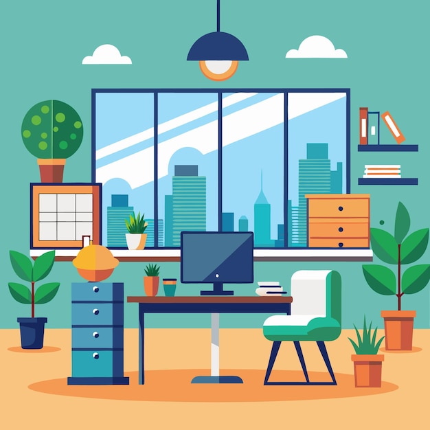 Un bureau urbain moderne avec des plantes vertes et un décor vibrant