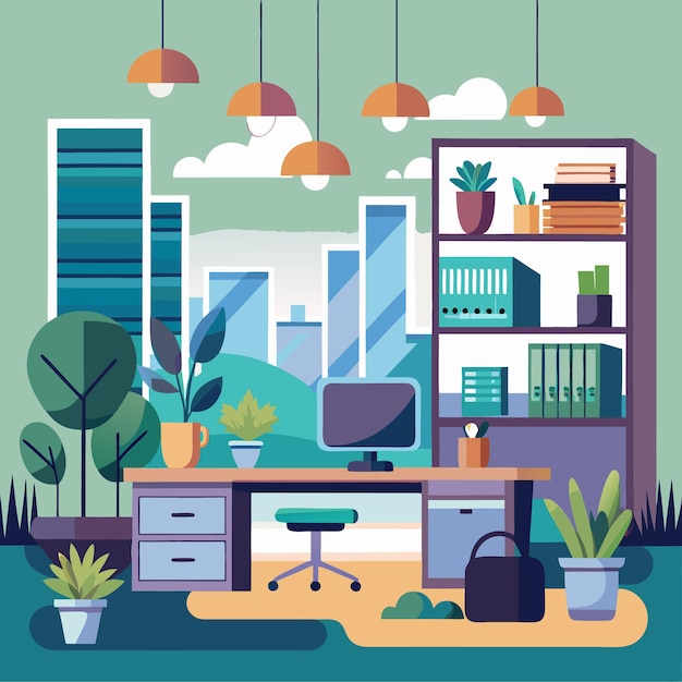 Un bureau urbain moderne avec des plantes vertes et un décor vibrant
