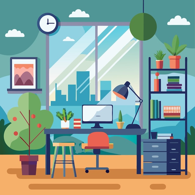 Un bureau urbain moderne avec des plantes vertes et un décor vibrant