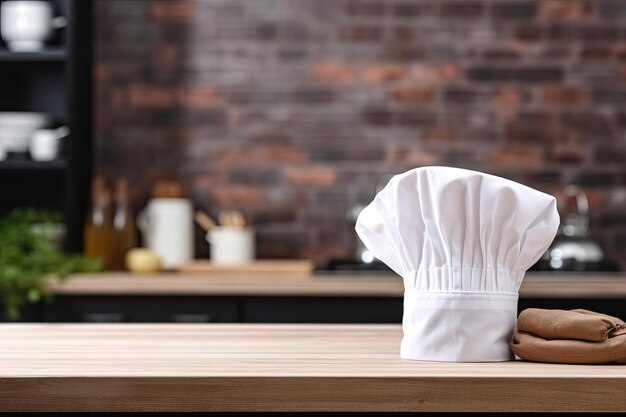 Un bureau vide dans la cuisine avec un chapeau de cuisinier blanc et une pièce pour la décoration personnelle