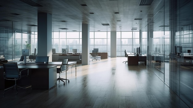 Un bureau vide avec une grande fenêtre et un bureau avec un ordinateur dessus.