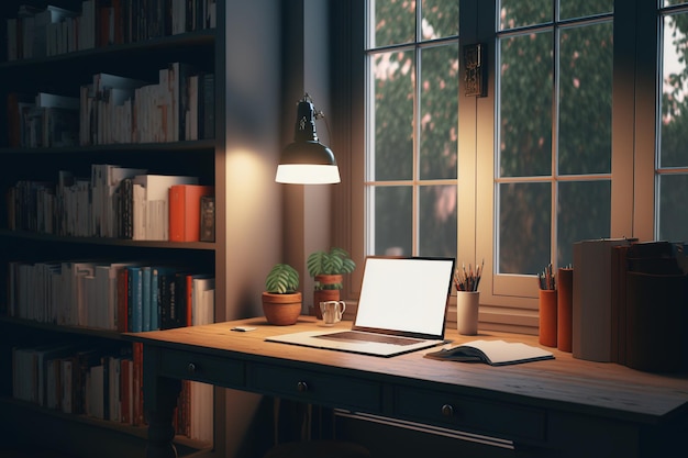 Un bureau vide avec un ordinateur portable et des livres sur le bureau