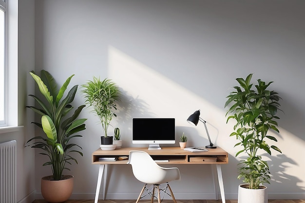 Un bureau vide avec une plante d'intérieur sur un mur