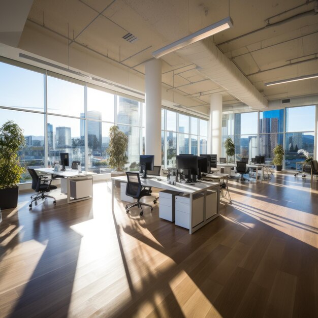 Un bureau vide avec vue sur la ville.