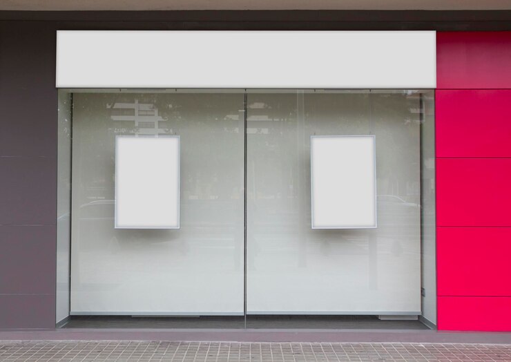 Photo bureau avec vitrine vierge et panneau d'affichage
