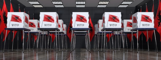 Bureau de vote d'Albanie avec de nombreux isoloirs concept d'élection illustration 3D