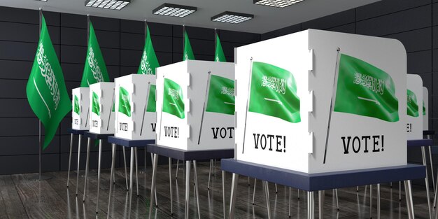 Photo bureau de vote d'arabie saoudite avec de nombreux isoloirs concept d'élection illustration 3d