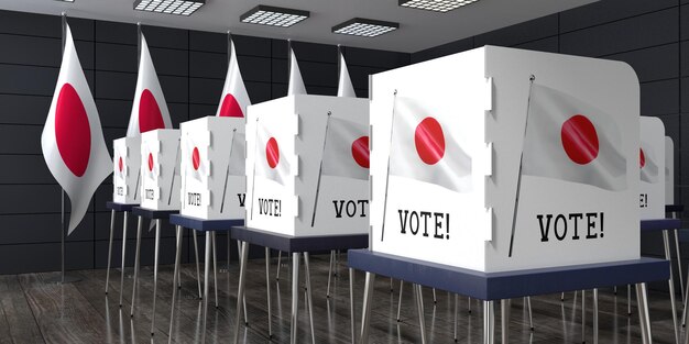 Bureau de vote du Japon avec de nombreux isoloirs concept d'élection illustration 3D