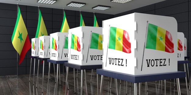 Bureau de vote du Sénégal avec de nombreux isoloirs concept d'élection illustration 3D