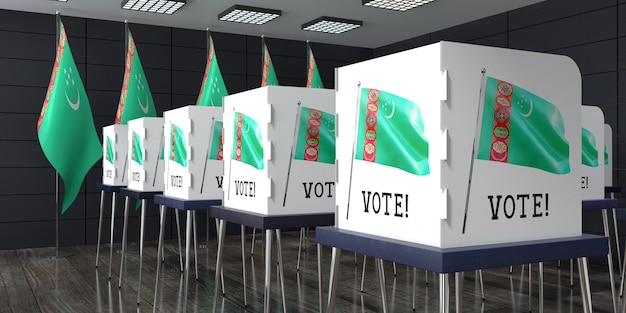 Photo bureau de vote du turkménistan avec de nombreux isoloirs concept électoral illustration 3d