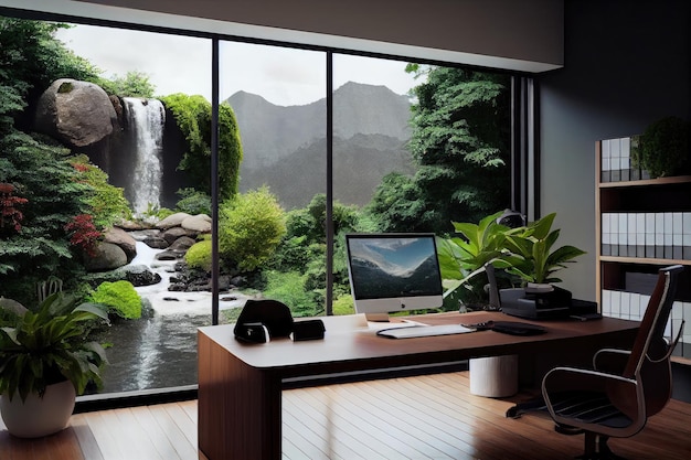 Bureau avec vue sur un jardin verdoyant avec des cascades en cascade créées avec une IA générative