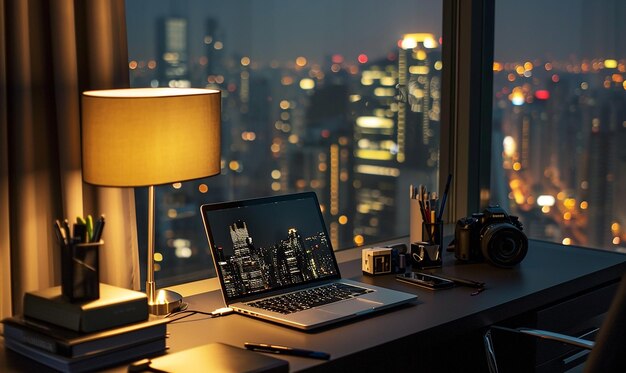 Bureau avec vue sur le paysage urbain