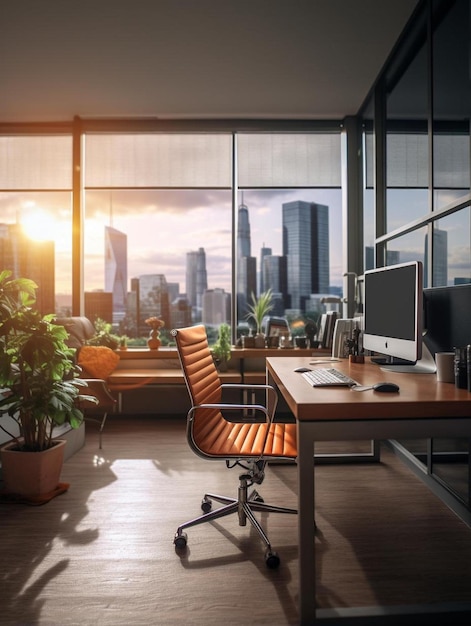 bureau avec vue sur la ville et le paysage urbain en arrière-plan.