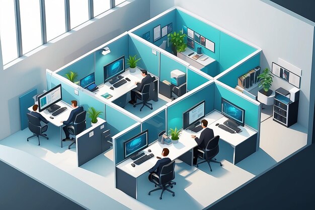 Des bureaux d'affaires isométriques avec du personnel 3D des hommes d'affaires en réseau dans l'intérieur du bureau Bureau d'une pièce isométrique avec des personnes intérieur d'affaires avec une illustration du personnel travailleur