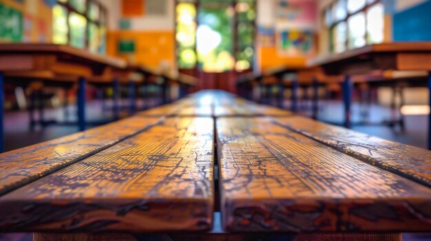 Des bureaux et des chaises vides face à un tableau noir prêts à la connaissance et à l'apprentissage dans les salles de classe traditionnelles