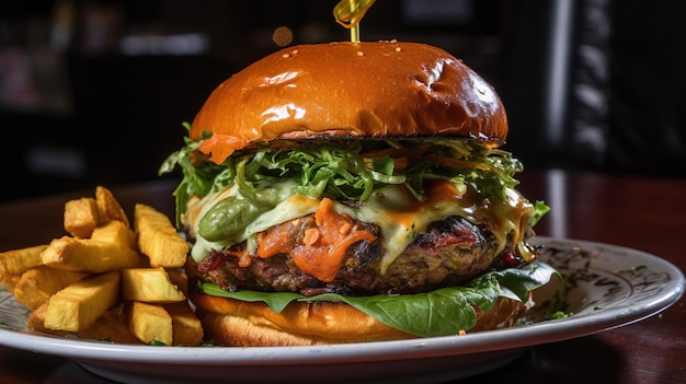 Un burger accompagné de frites