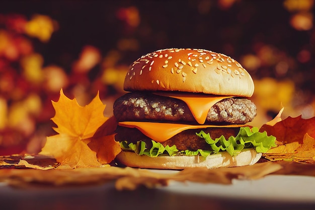 Burger américain sur fond de feuilles d'automne