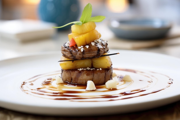 Photo burger avec de l'ananas grillé et de la sauce teriyaki sur une assiette