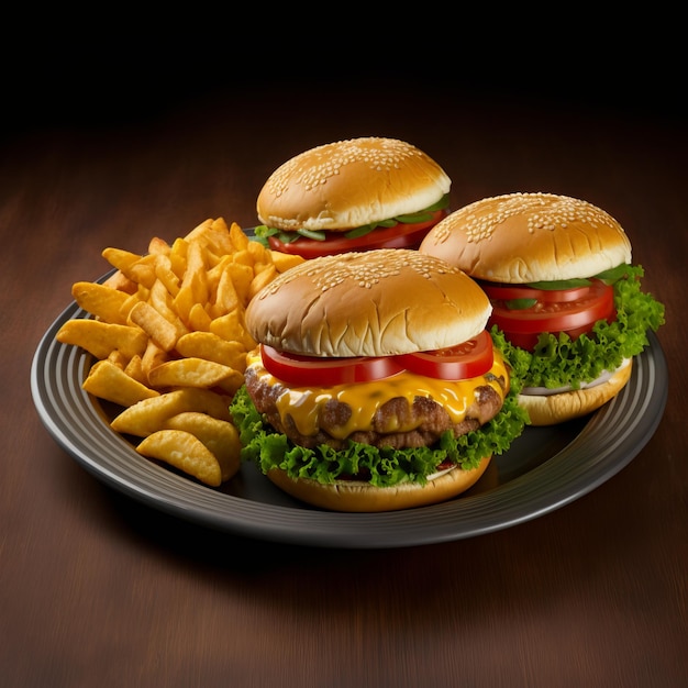 Burger à angle élevé avec frites sur table