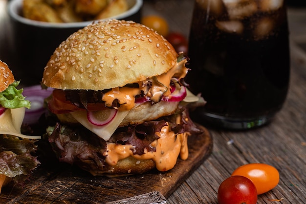 Burger appétissant avec escalope de poulet sur une planche de bois