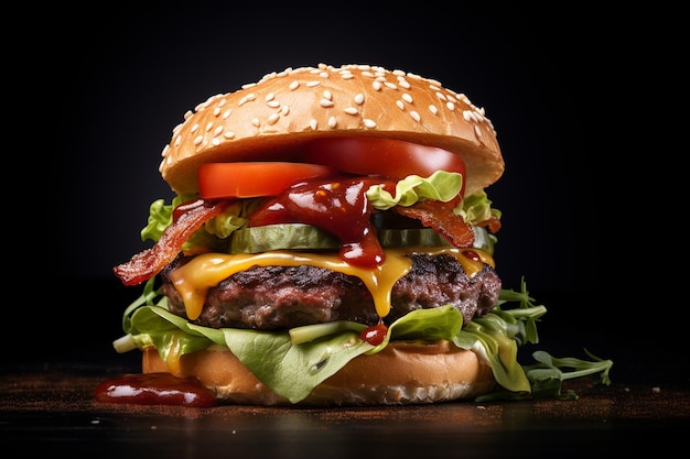 Burger appétissant avec sauce juteuse et tomate