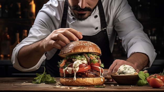 Photo burger artisan un chef cuisinier habile préparant méticuleusement