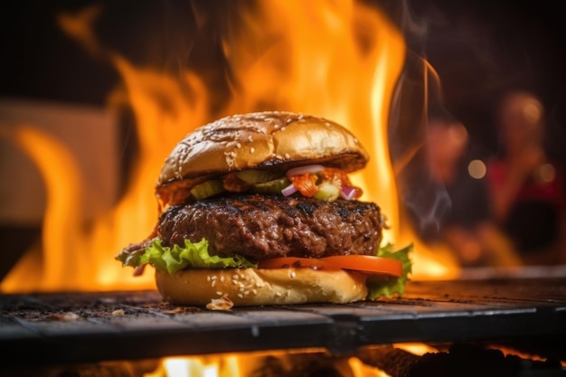 Burger artisanal préparé sur grill flamboyant