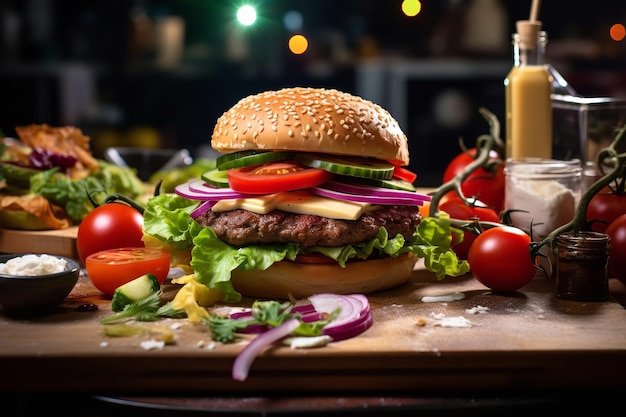 Burger assemblé avec des ingrédients frais