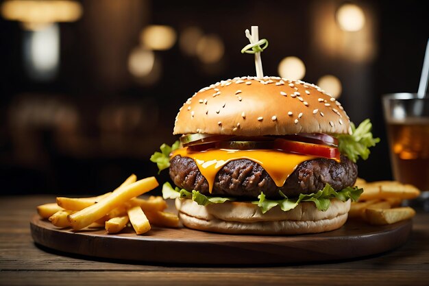 Burger sur une assiette en bois