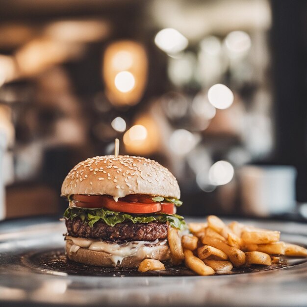 Photo burger sur assiette avec photographie culinaire de frites