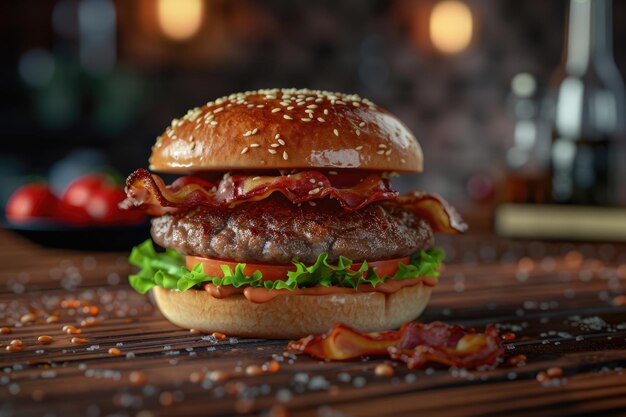 Burger au bacon avec pâte de bœuf sur une table en bois