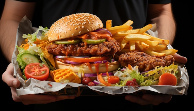 Burger au bœuf grillé avec frites au fromage et légumes frais générés par l'intelligence artificielle